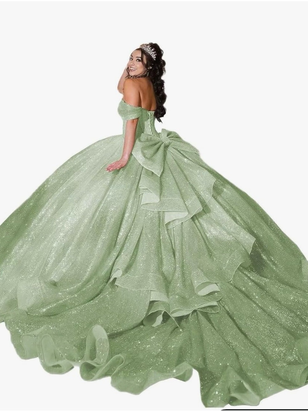 Off-Shoulder Sparkle Ball Gown Dress in Light Green